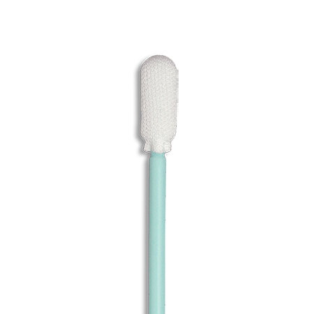Cotton swab with a white foam tip on a light blue handle
